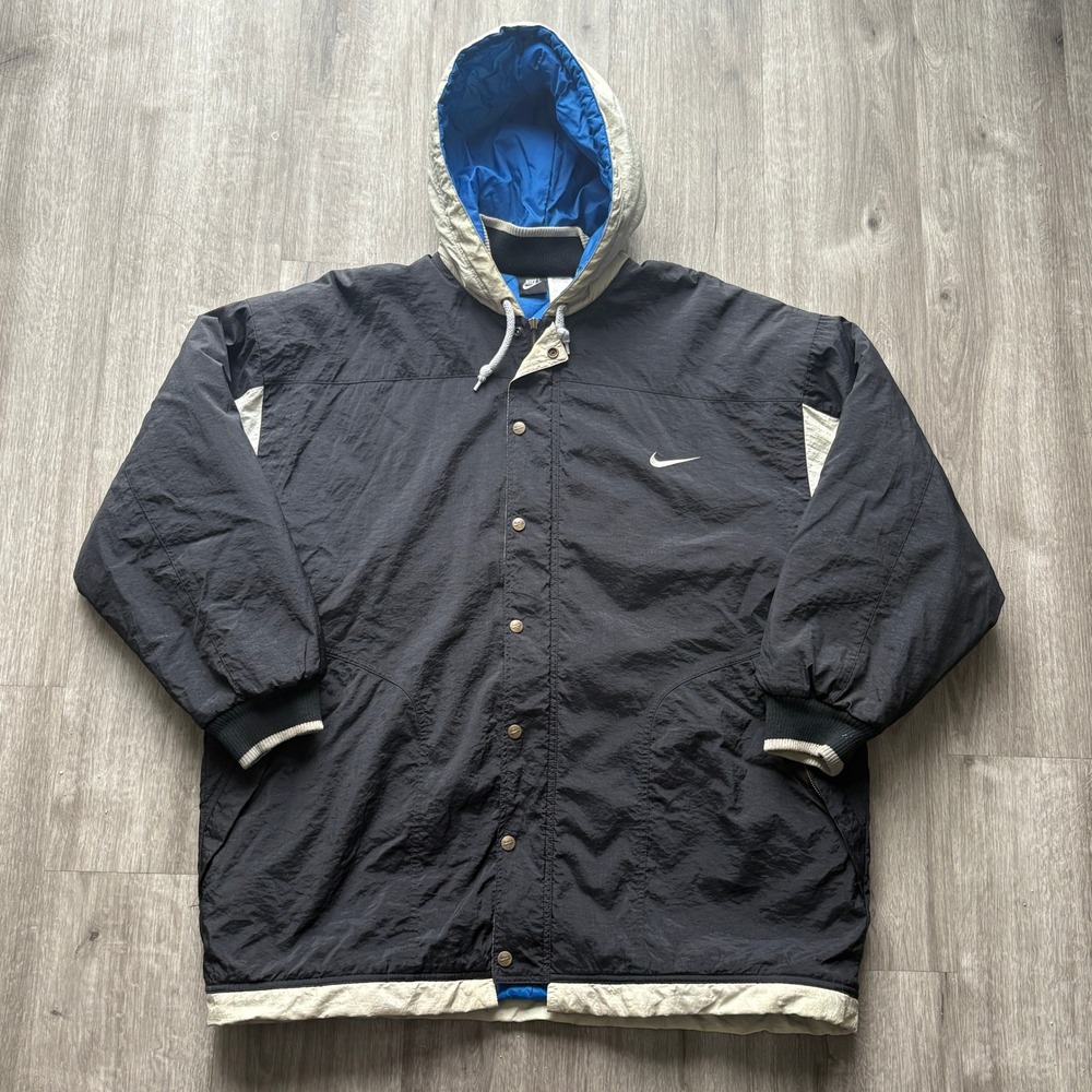 Vintage Nike Air Hooded Parka Jacket Black Blue Cream Mens Large 90s Oversized